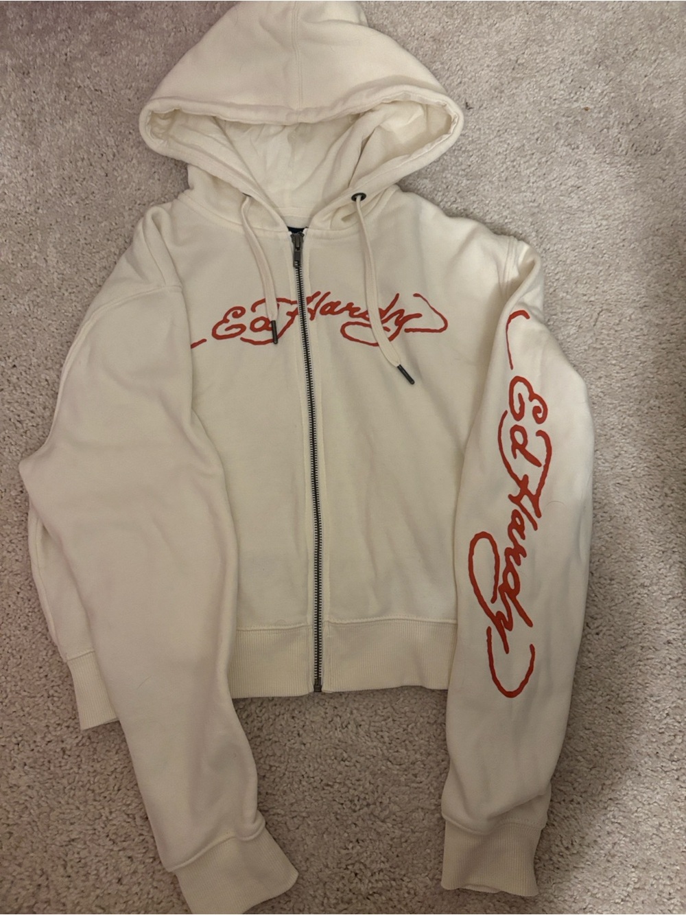 Ed Hardy Cream Zip Hoodie with Red Script